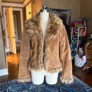 Divided Women's Tan Faux Suede Teddy Jacket with Faux Fur Trim